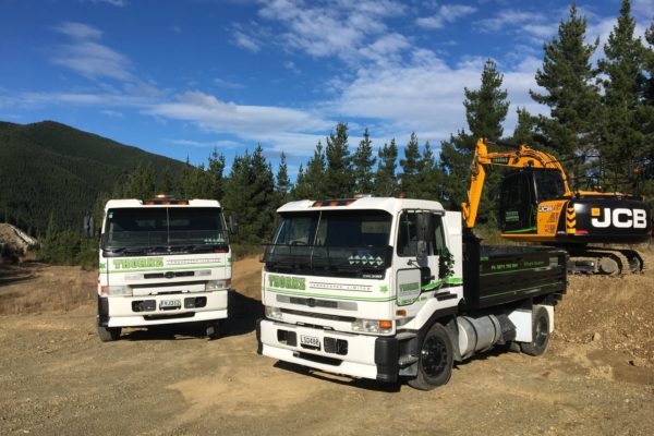 Thornz Landscapes Trucks and Excavators On Site Kaikoura, Hanmer Springs. Land Clearing and Earth Moving